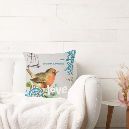 いつだって花嫁 ティールコーラルグレー 可愛い 鳥 鳥かご クッション (ソファ)