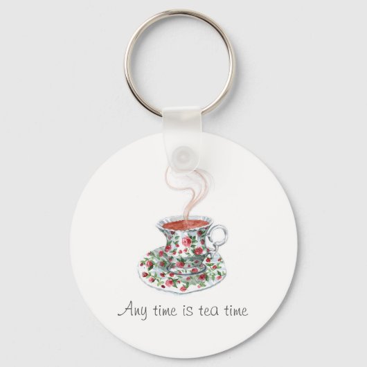 いつでもお茶の時間だ。ティースローガンヴィンテージカップバラ キーホルダー (正面)