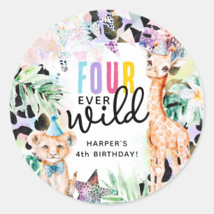 いつまでもワイルドなサファリ動物たち 4歳の誕生日おめでとう ラウンドシール