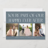 いつまでも幸せに スレートブルーの結婚式フォト サンキューカード (正面)