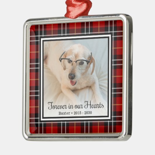 いつまでも心の中に 赤い格子縞の犬の追悼 メタルオーナメント (左)