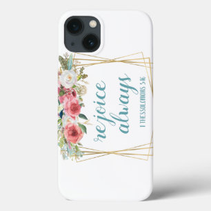 いつも喜べ ピンク ティール 花 水彩画 iPhone 13ケース