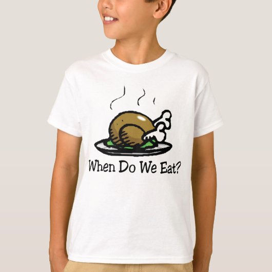 いつ食べる？面白い感謝祭ホリデーターキー Tシャツ (正面)