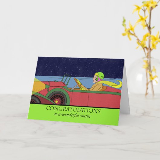 いとこが新車に乗ってヴィンテージおめでとう カード (黄色い花)