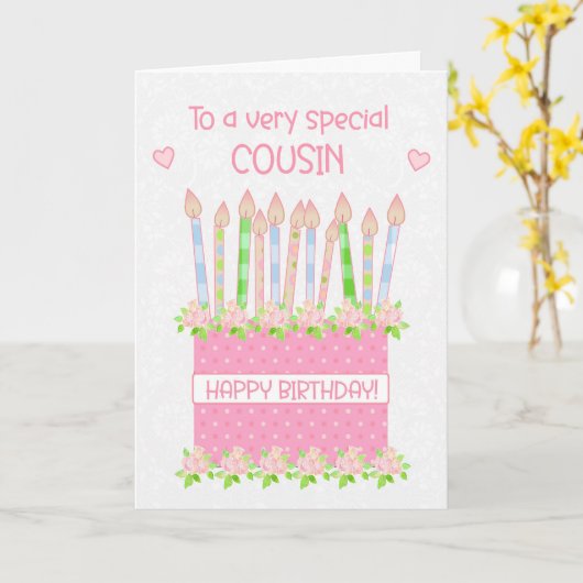 いとこのお誕生日ケーキハートとバラカード カード (黄色い花)