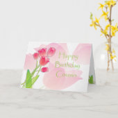 いとこのためのピンクのチューリップのバースデー・カード カード (黄色い花)