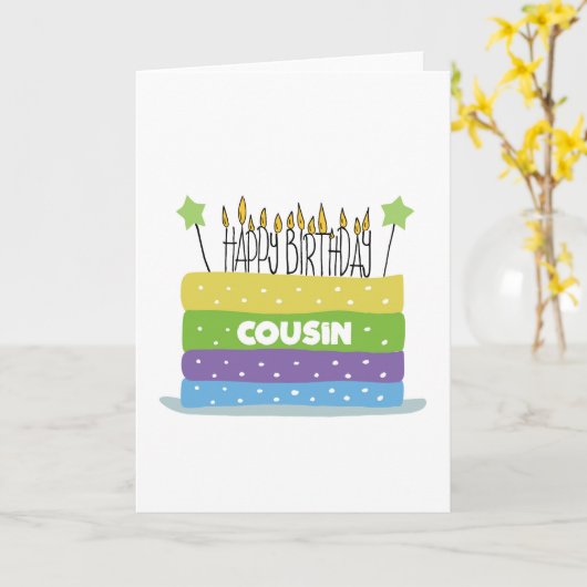 いとこのケーキとキャンドルのハッピーバースデーカード カード (黄色い花)