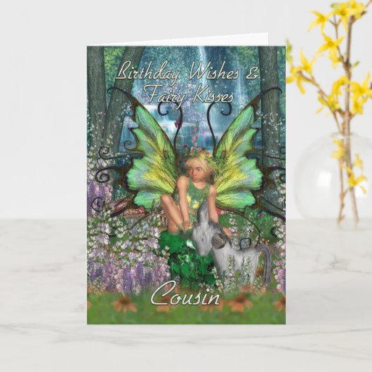 いとこのバースデー・カード-アンゼリカのファンタジーの森林F カード (黄色い花)