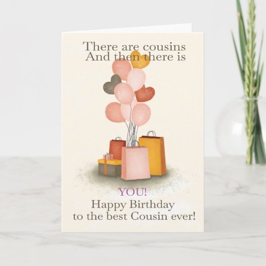 いとこのプレゼントとバルーンの誕生日カード カード (正面)