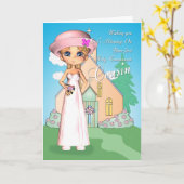 いとこの最初の聖餐式小さな女の子と教会 カード (黄色い花)