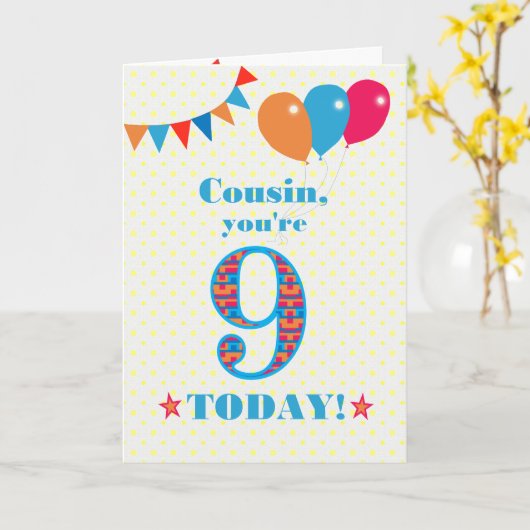 いとこの第9誕生日バウンティングスターバルーンカード カード (黄色い花)