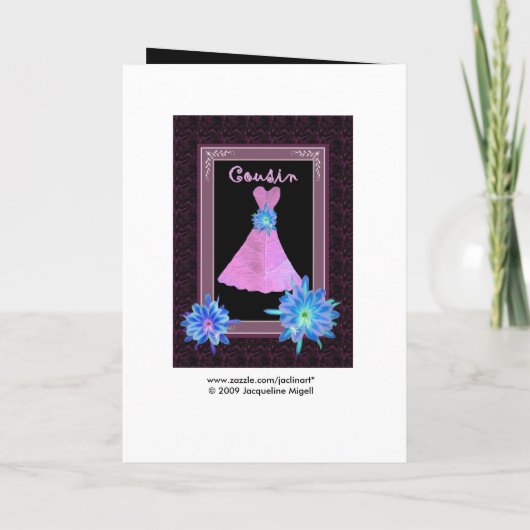 いとこの若い花嫁の付き添い – 紫の衣と花 招待状 (裏面)