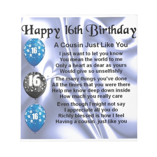 いとこの詩16番目の誕生日 – 青 ノートパッド (正面)