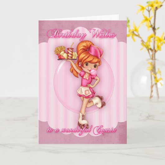 いとこの誕生日カード – かわいいウエートピンク カード (黄色い花)