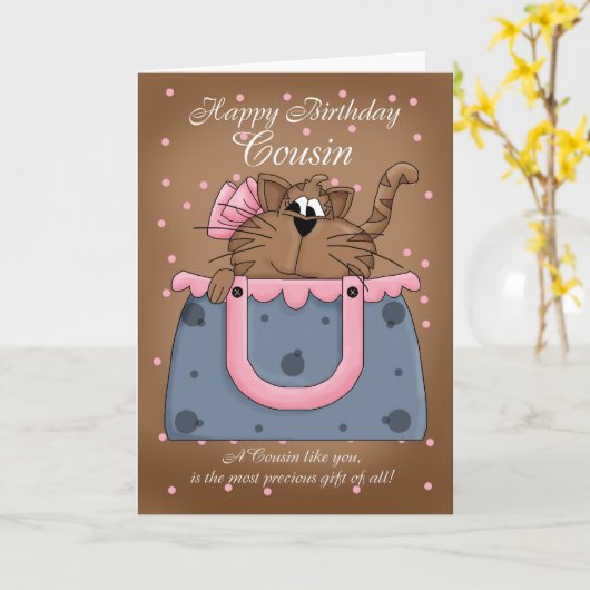いとこの誕生日カード – かわいい猫の財布ペット カード (黄色い花)