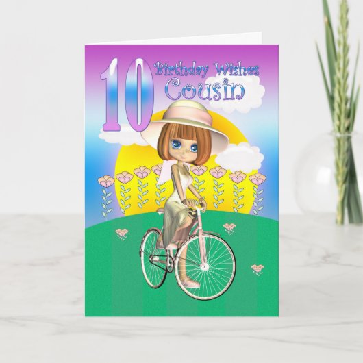 いとこの10番目の誕生日カードと自転車の小さな女の子 カード (正面)