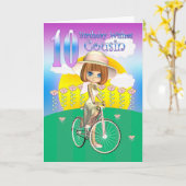 いとこの10番目の誕生日カードと自転車の小さな女の子 カード (黄色い花)
