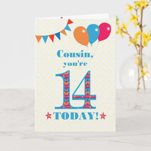 いとこの14誕生日バンティング風船カード用 カード (黄色い花)