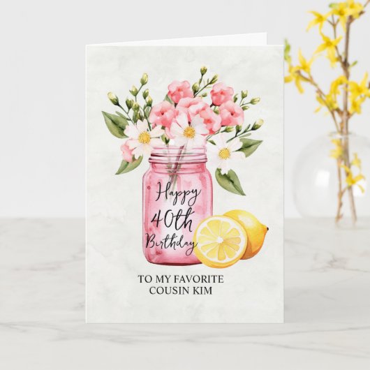 いとこの40th誕生日ピンクのフローラジャー挨拶 カード (黄色い花)