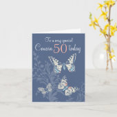 いとこの50歳の誕生日の蝶の青いサンゴ カード (黄色い花)