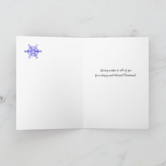 いとこ及び彼の家族の木の雪片へのクリスマス シーズンカード (内部)