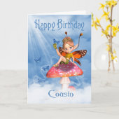 いとこ誕生日カード – かわいい妖精オンアキノコ カード (黄色い花)