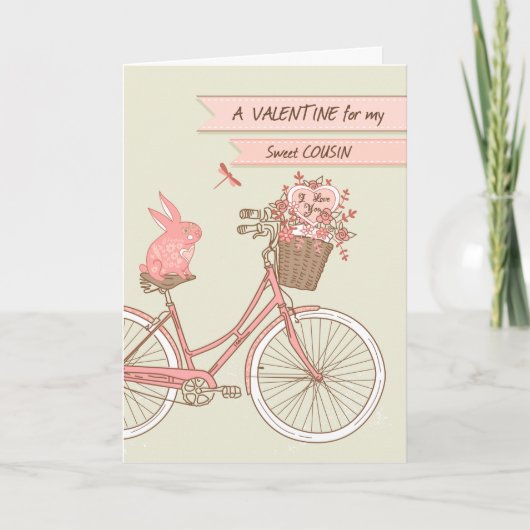 いとこ、自転車、ピンクのウサギのためのバレンタインデー シーズンカード (正面)