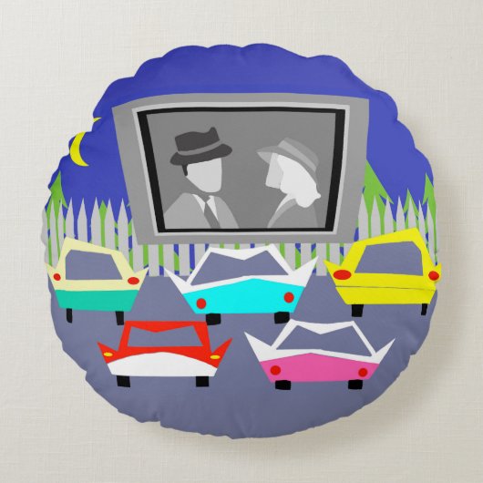 いなか町のドライブ・イン映画円形の装飾用クッション ラウンドクッション (正面)