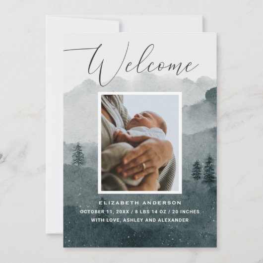 いらっしゃいませ。ウォーターカラー木版冬ベビー誕生 案内状 (正面)