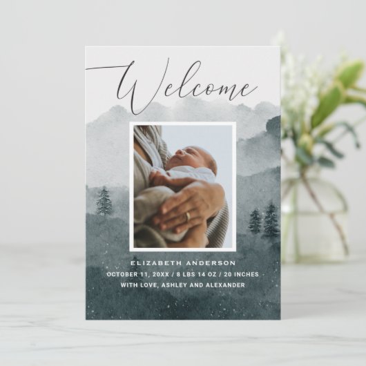 いらっしゃいませ。ウォーターカラー木版冬ベビー誕生 案内状 (スタンド正面)