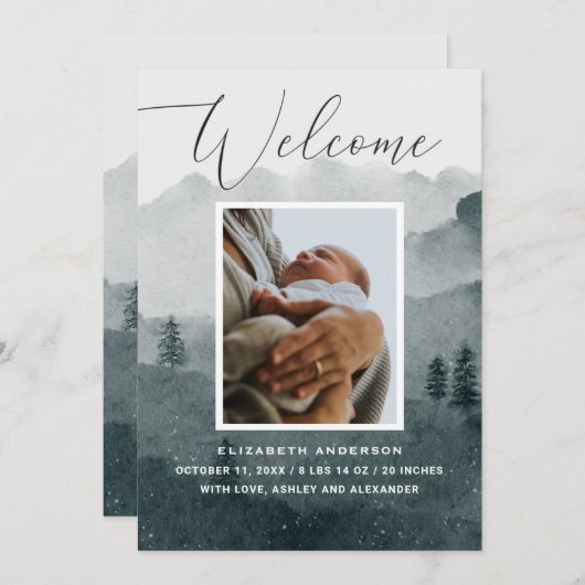 いらっしゃいませ。ウォーターカラー木版冬ベビー誕生 案内状 (正面/裏面)