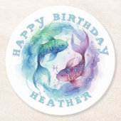 うお座 星座 水彩 魚 占星術 誕生日 ラウンドペーパーコースター (正面)