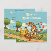 うさぎが卵を盗む | 面白いイースターエッグハント 招待状 (正面/裏面)