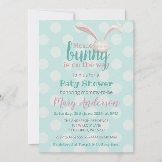 うさぎさんがやってきますよ、ミントの水玉模様のうさぎ 招待状 (正面)