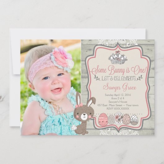 うさぎさんの1歳の誕生日イースターパーティーへの招待状 招待状 (正面)