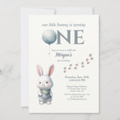 うさぎさん1歳の青いお誕生日会 青い少年1歳のお誕生日 招待状 (正面)