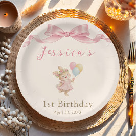 うさぎちゃんのピンクの1歳の誕生日 ペーパープレート