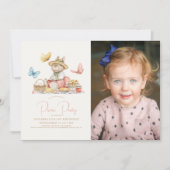 うさぎと蝶のピクニックガール 1歳の誕生日写真 招待状 (正面)
