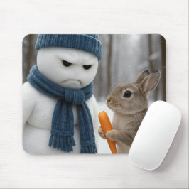 うさぎと険しい顔の雪だるま マウスパッド