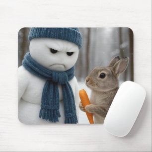うさぎと険しい顔の雪だるま マウスパッド