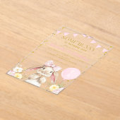 うさぎのピンクの水彩画と野の花のお誕生日お祝い アクリル招待状 (レイダウン)