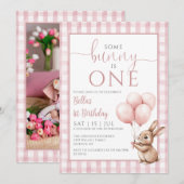 うさぎのピンク風船 フォト 1歳の誕生日パーティー 招待状 (正面/裏面)