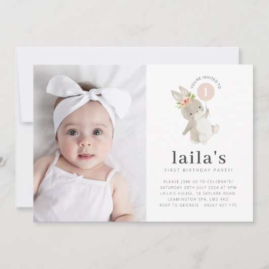 うさぎのピンク風船 フォト 1歳の誕生日招待状 招待状 (正面)