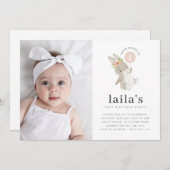 うさぎのピンク風船 フォト 1歳の誕生日招待状 招待状 (正面/裏面)