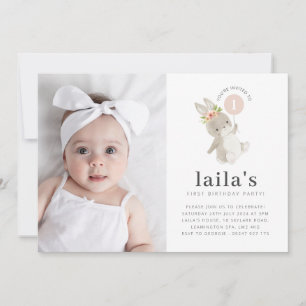 うさぎのピンク風船 フォト 1歳の誕生日招待状 招待状