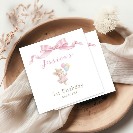 うさぎの女の子のピンクの1歳の誕生日 スタンダードカクテルナプキン