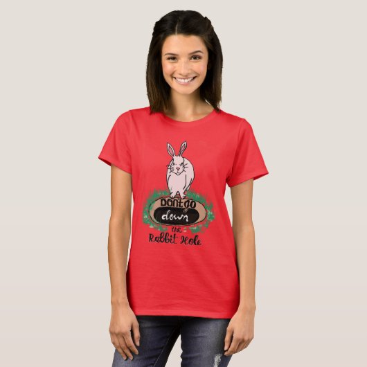 うさぎの女の赤Tシャツを下りるな Tシャツ (正面フル)