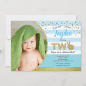 うさぎの男の子の2歳の誕生日写真招待状(青) 招待状 (正面)