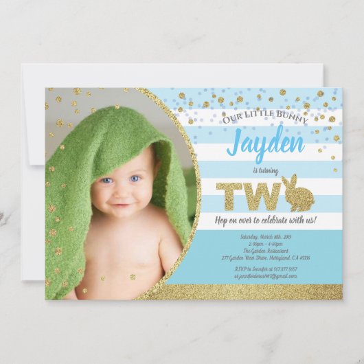 うさぎの男の子の2歳の誕生日写真招待状(青) 招待状 (正面)