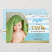 うさぎの男の子の2歳の誕生日写真招待状(青) 招待状 (正面/裏面)